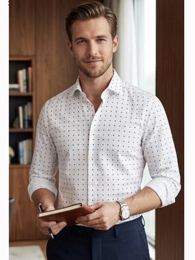 Hugo Boss White Dress Shirt with Navy Dot Print